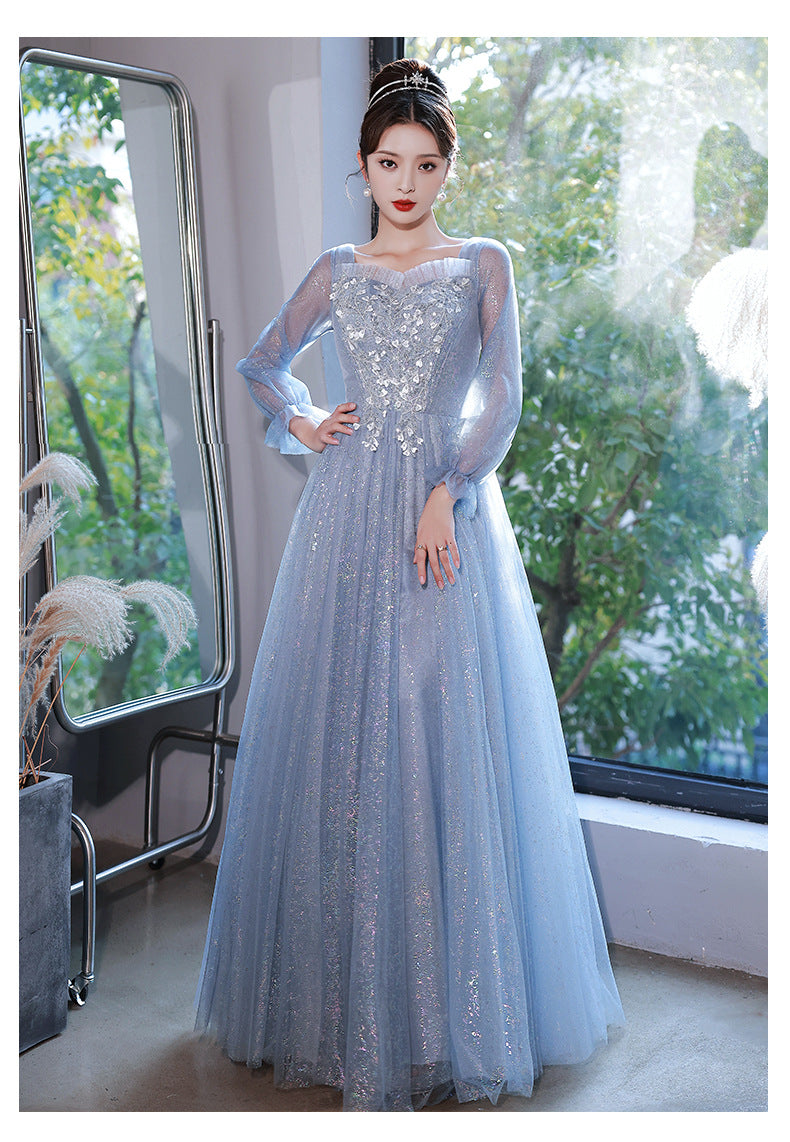 Blue Evening Dress for Women 2023 New High-Grade Banquet Temperament Long Sleeve Light Luxury Minority High-End Performance Art Exam Dress