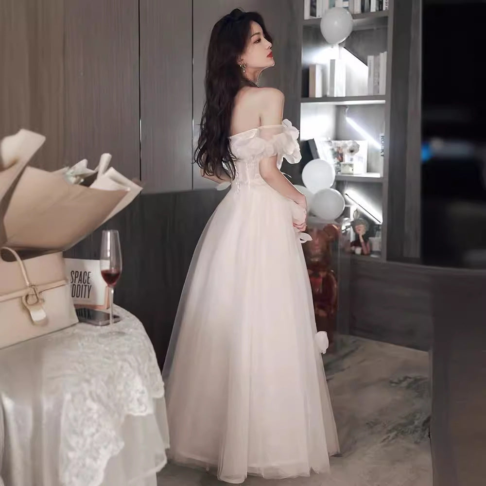 White Evening Dress Women's French Style High Sense Birthday Adult Wedding Dress Princess on the Run High-End Affordable Luxury Niche Host