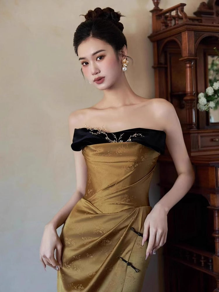 Morning Gowns Women's 2024 New High-Grade New Chinese Style Tube Top Toast Clothing Niche Retro Slit Bride Engagement Formal Dress