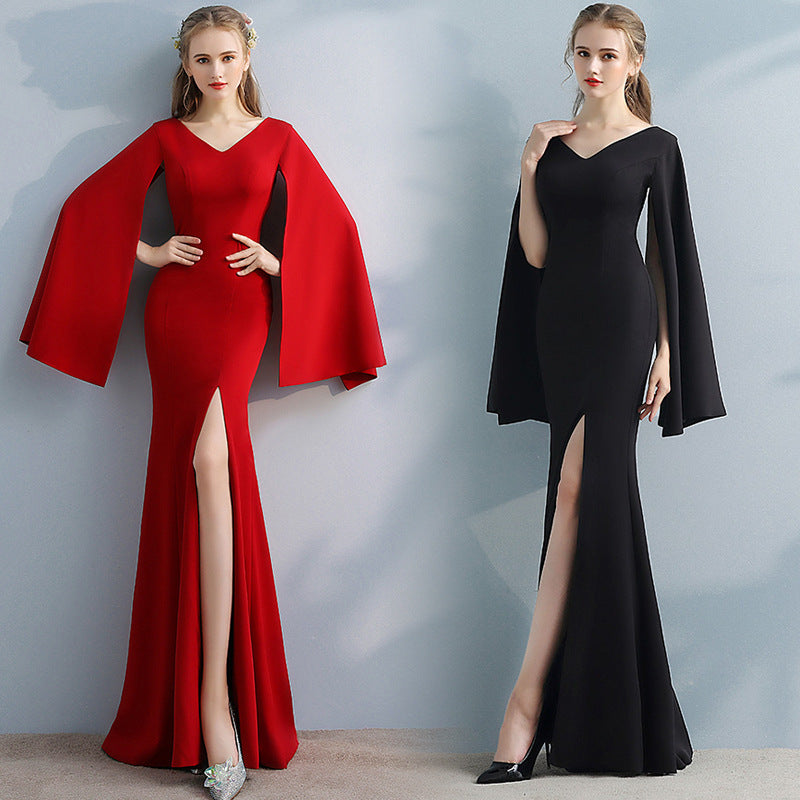 Banquet Dress Bridal Long Sleeve Satin Black Red Fishtail Long Style Long Sleeve Elegant Evening Dresses H18293