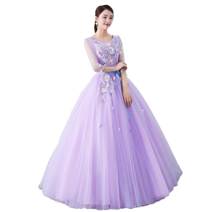Purple Yarn Evening Dress 2024 New Banquet Temperament Slimming Host Fairy Art Exam Socialite Gathering Dress Women