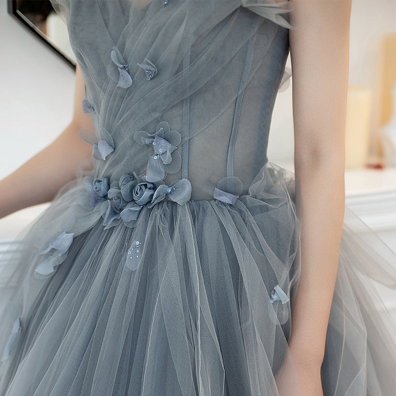 Elegant Gown Evening Dress Long Art Exam Vocal Music Host Pettiskirt Costume Grey Dresses HJ2203