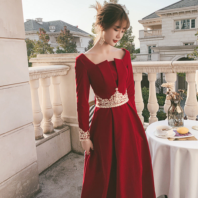 Toast Dress Bride 2024 New Autumn Velvet Long-Sleeved Red Back-to-Door Dinner Dress Marriage Engagement Toast