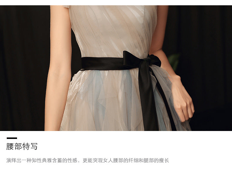 Annual Party Evening Dress Women's 2024 Belt Oblique Shoulder Design Socialite Host Dress Temperament Piano Performance Dress