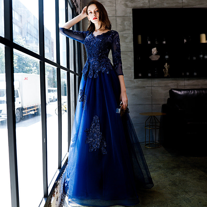 Dinner Dress Ball Dresses Gala Gown Blue Lace Flower Banquet Evening Dress Women'S Fashion New Long Art Exam Host Birthday Party H2932