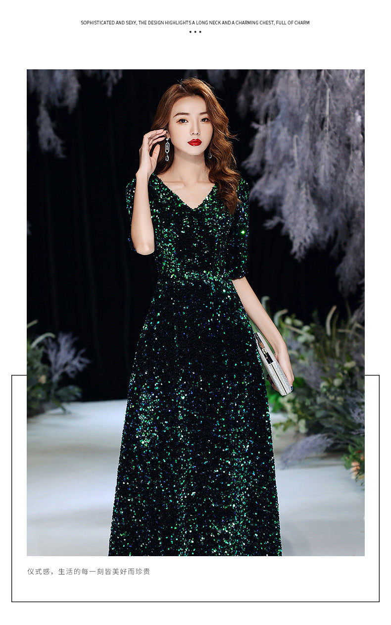 Green Sequins Annual Party Evening Dress Female 2024 Spring and Spring New Banquet Temperament Texture Host Long Dress