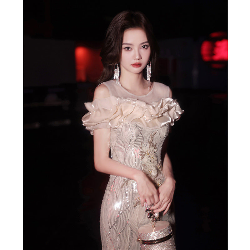 Fishtail Evening Dress 2024 New Sequined off-Shoulder Light Luxury Minority Host Banquet Heavy Work Waist-Tight Evening Dress