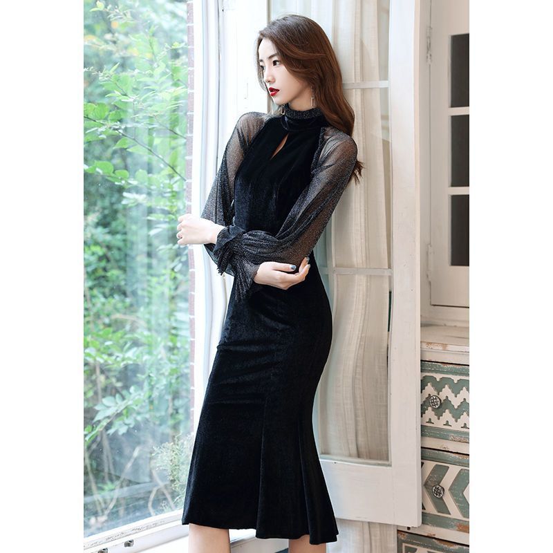 Toast Dress Bride High Sense Spring New Banquet Socialite Host Fishtail Evening Dress Black Slimming Slim Fit