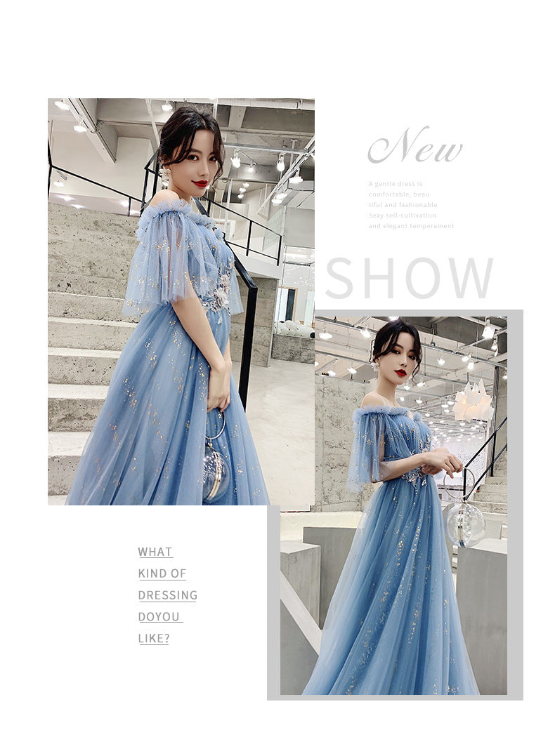 Blue Host Art Exam Evening Dress Female 2024 New Banquet Temperament Princess Fairy Mori Style