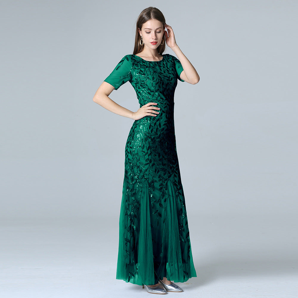 Spring and Summer Cross-Border 2024 Banquet Host European and American Slim Mesh Sequins Evening Dress Fishtail Dress Women