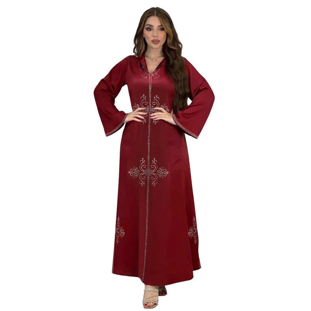 Xqy500157 Middle East Abaya Ethnic Style Dress Hooded Robe Fashion Diamond-Embedded Slits Lower Hem Dress