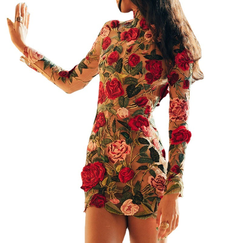 Europe and America Cross Border Amazon Fashion Women's Wear Summer Half Turtleneck Lace Embroidery Sexy Sheath Slim Dress Dress
