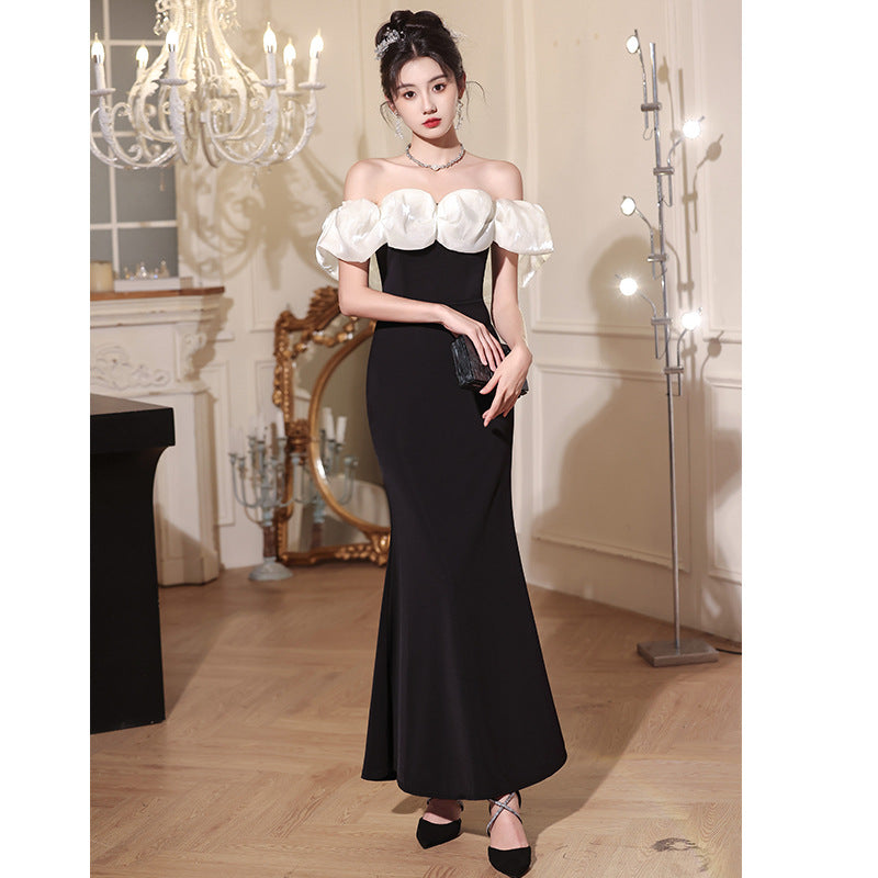 Beautiful off-Shoulder Evening Dress for Women 2024 New High-Grade Light Luxury Minority Banquet Host Elegant Fishtail Dress