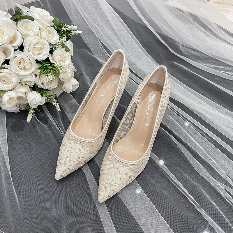 High Heels Wedding shoes Crystal Stiletto Heel Sequined Sexy Mesh Bridal Wedding Shoes Bridesmaid Lace Banquet Dress Single-Layer Shoes H919