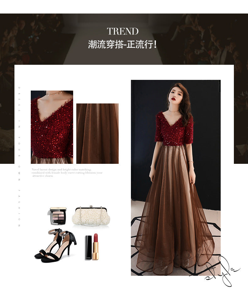 Summer Evening Dress for Women Banquet Temperament Annual Meeting Long Style 2024 New Modern Socialite Host Wine Red Autumn