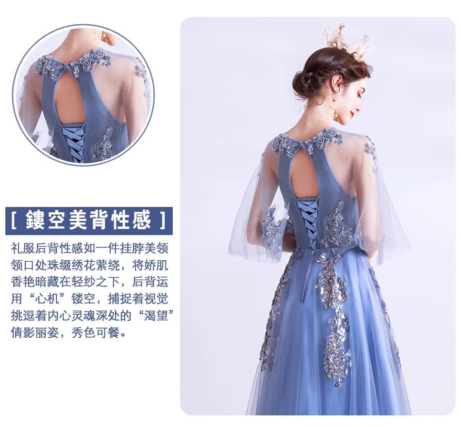 Blue Veils Slimming Banquet Annual Meeting Stage Performance Host Wedding Dress Evening Gown 273