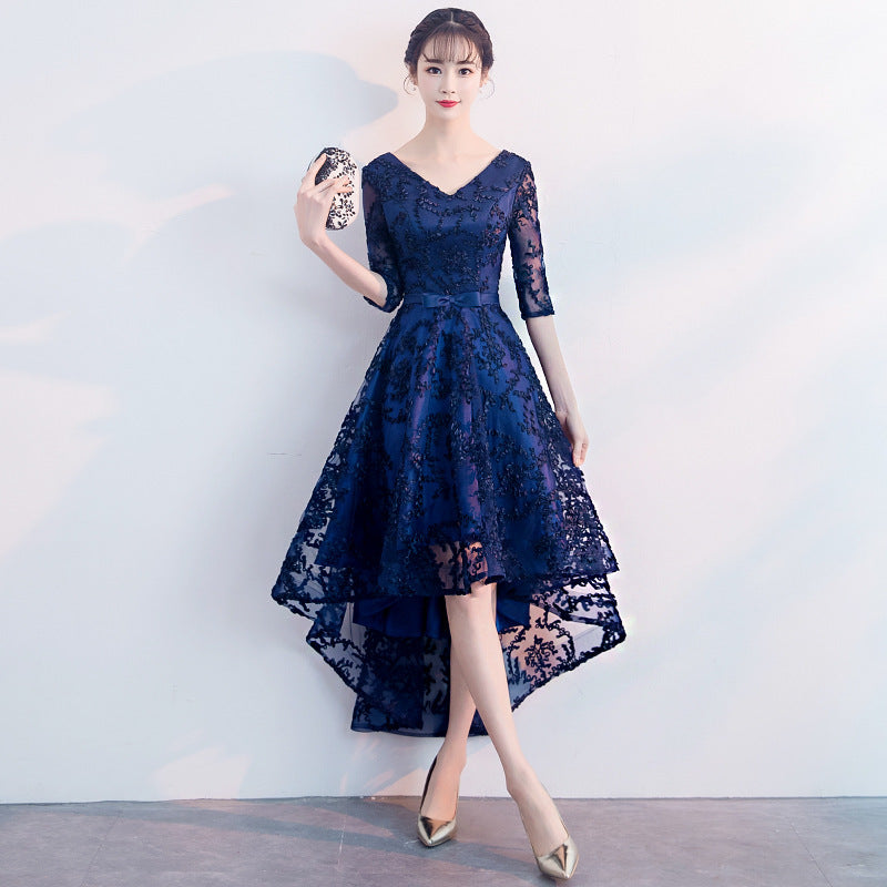 Navy Blue Evening Dress Temperament Banquet Mom Wedding Reception Clothes Front Short Back Length Dress Daily Style Autumn and Winter