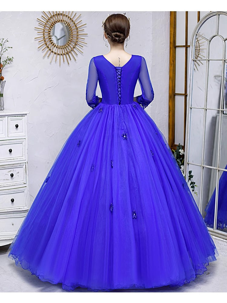Colored Mesh Annual Meeting Host Performance Student Vocal Solo Art Exam Clothing Pettiskirt Long Evening Dress Female Autumn and Winter