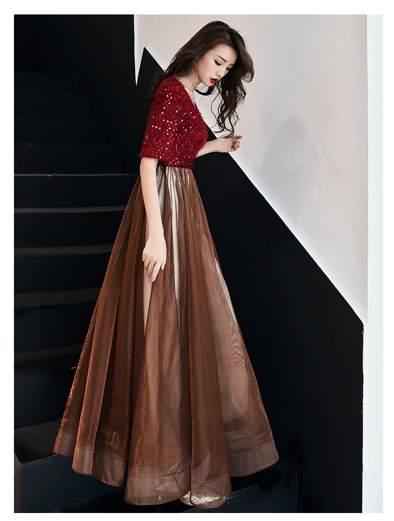 Summer Evening Dress for Women Banquet Temperament Annual Meeting Long Style 2024 New Modern Socialite Host Wine Red Autumn