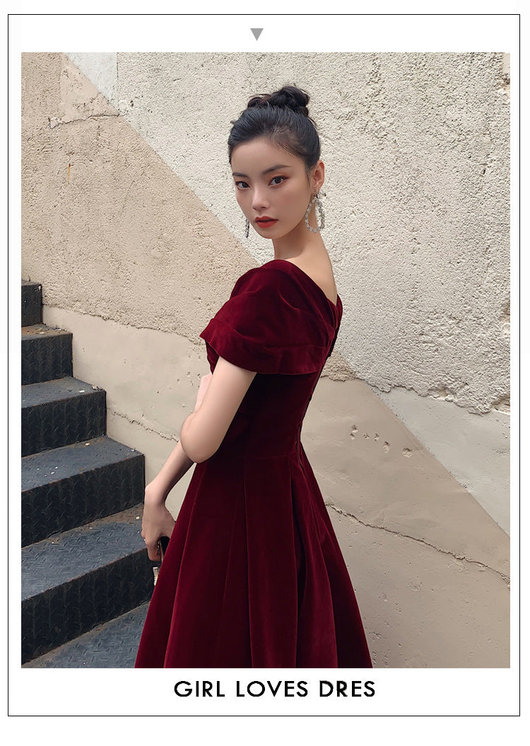 Bridal Toast Clothing Velvet 2024 New High-Grade off-Shoulder Banquet Temperament Engagement License Host Evening Dress