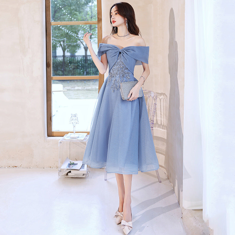 off-Shoulder Blue Evening Dress for Women Banquet Temperament French Entry Lux Niche High-End Host Art Exam Chorus Clothing