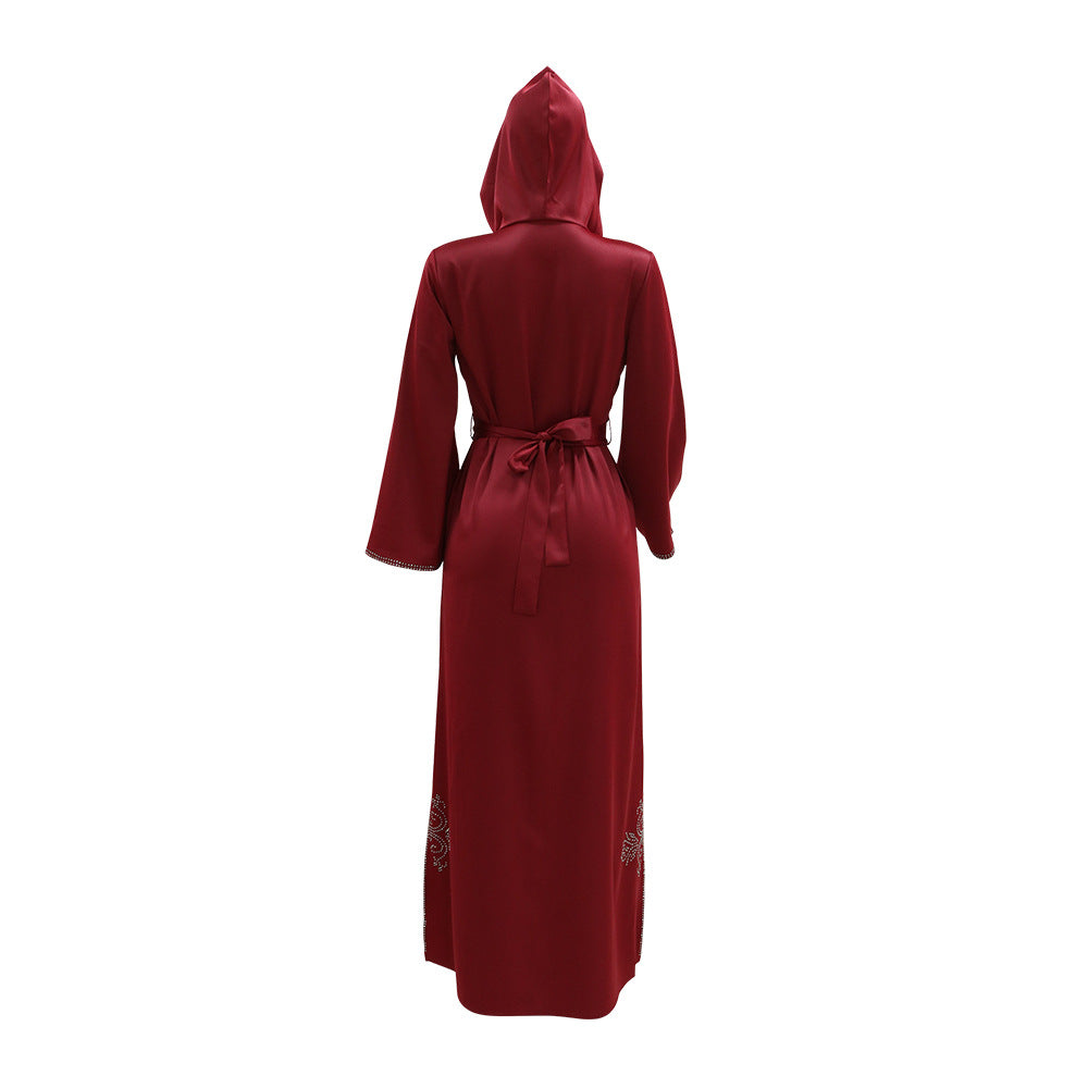 Xqy500157 Middle East Abaya Ethnic Style Dress Hooded Robe Fashion Diamond-Embedded Slits Lower Hem Dress