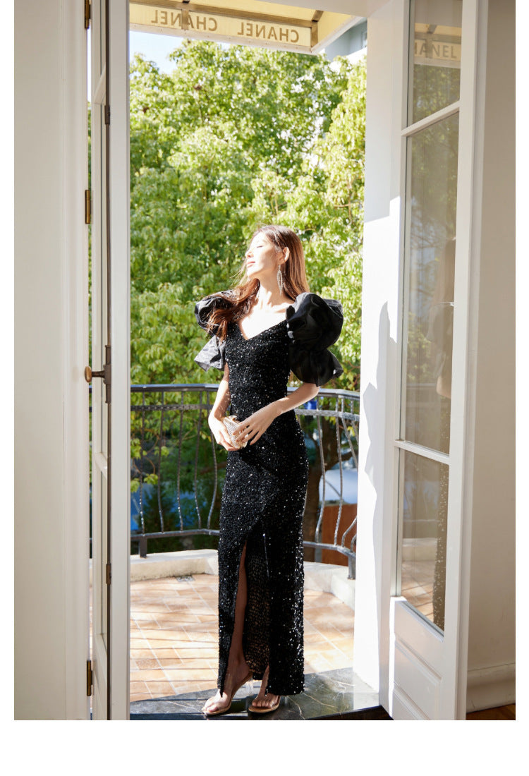 European and American Evening Dress Retro Party Exaggerated Puff Sleeve Sequined Small Dress Design Sense Slit Sheath Skirt Toast Clothing