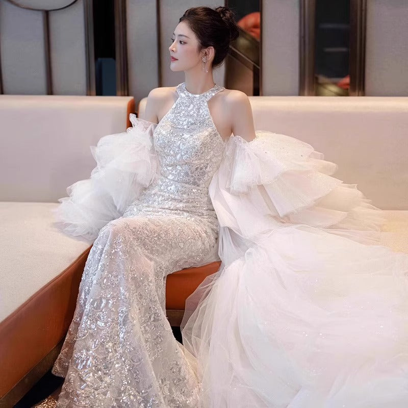 Halter Evening Dress Fishtail Backless Bride Engagement Formal Dress Toast Clothing Light Luxury Minority Design Sense Banquet Host