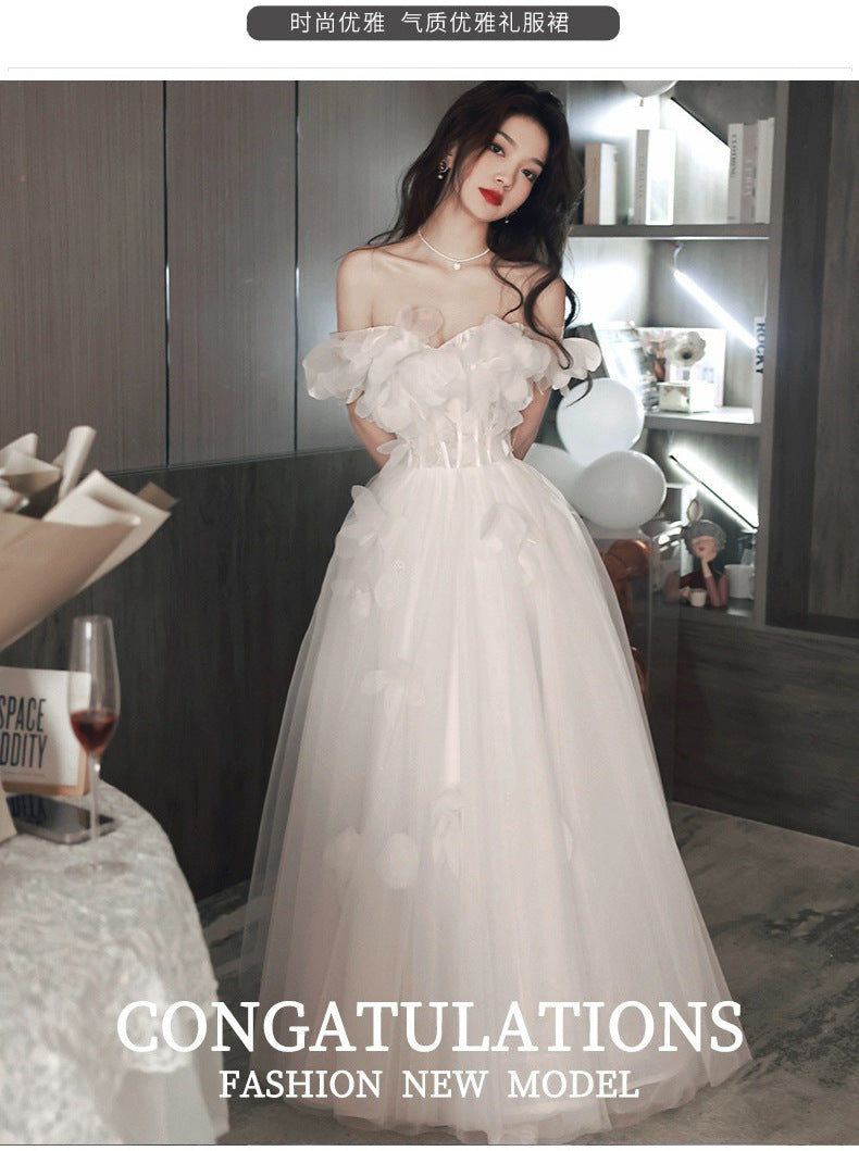 White Evening Dress Women's French Style High Sense Birthday Adult Wedding Dress Princess on the Run High-End Affordable Luxury Niche Host