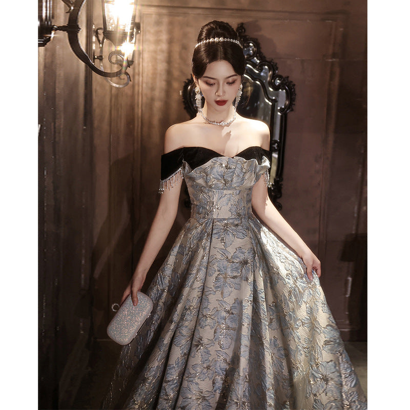 off-Shoulder Banquet Evening Dress Dress Female Gao Ding French Entry Lux Niche High-End Temperament Senior Sense Host Adult Ceremony