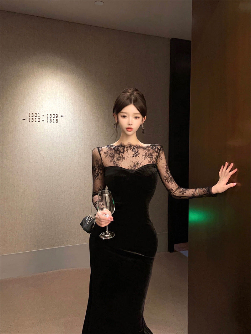 1164 Europe and America Southeast Asia Foreign Trade Wholesale 2024 French Pure Desire Lace Stitching Velvet Backless Dress Dress