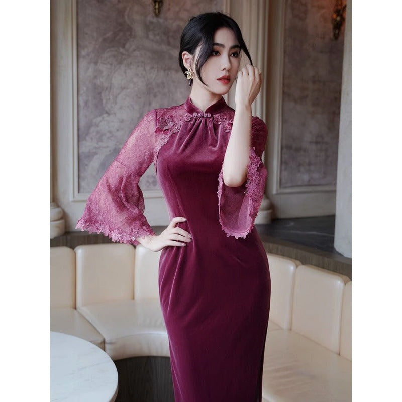 Banquet Red Dress and Cheongsam Female Ruofu Autumn and Winter 2024 New Year Velvet Noble Improved Dress Republic of China Style