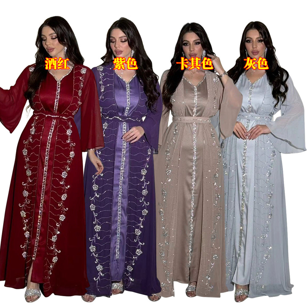 Xqy500261 Amazon Four Seasons Commuter Vest + Coat Dress Chiffon Rhinestone Muslim Suit Robe