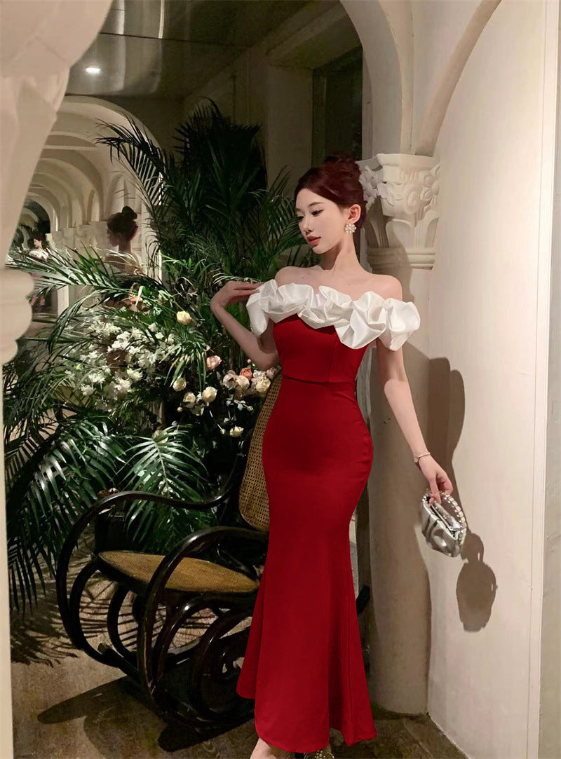 2883 Cross-Border Foreign Trade Women's Clothing Wholesale Southeast Asia off-Shoulder Contrast Color Evening Dress Temperament Slimming Fishtail Dress