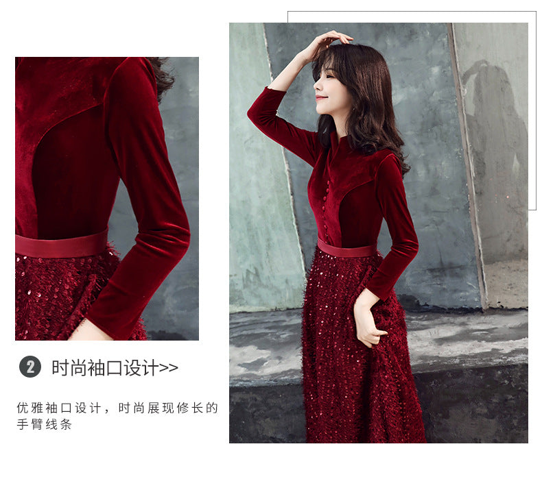 Evening Dress for Women 2024 New Elegant Toast Dress Wine Red Bride Elegant Long Sleeve Wedding Clothes Autumn