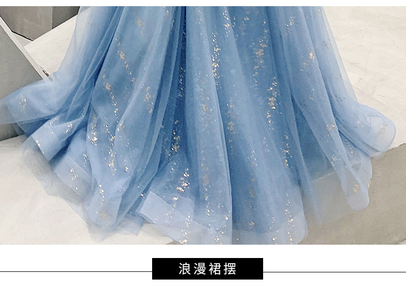 Blue Host Art Exam Evening Dress Female 2024 New Banquet Temperament Princess Fairy Mori Style