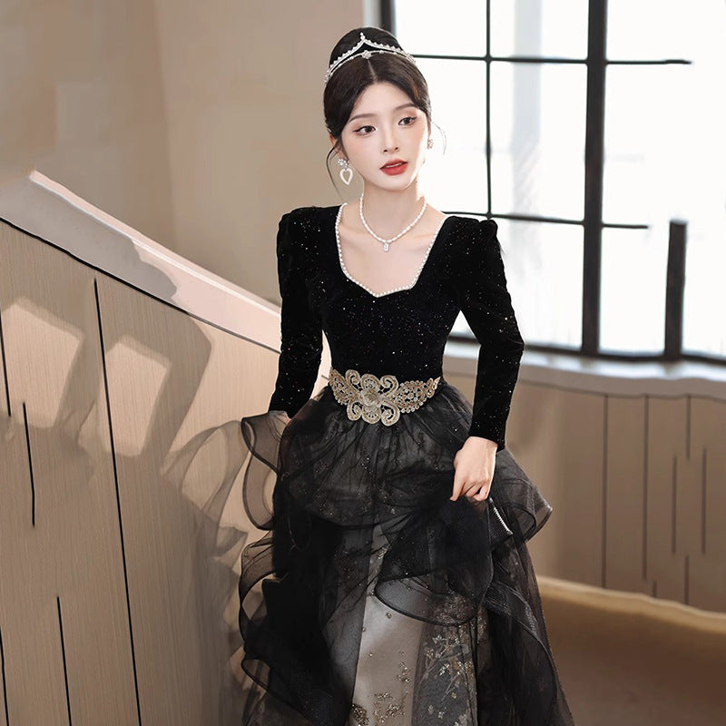 Black Evening Dress for Women 2024 New Banquet Long Sleeve French Summer Vocal Music Art Test Dress Light Luxury Minority High-End