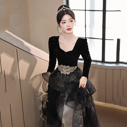 Black Evening Dress for Women 2024 New Banquet Long Sleeve French Summer Vocal Music Art Test Dress Light Luxury Minority High-End