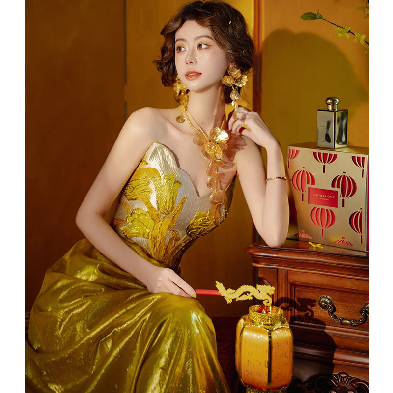 French Style Evening Dress for Women 2024 New Light Luxury Minority High-End Adult Ceremony Tube Top Engagement Dress Banquet Trailing