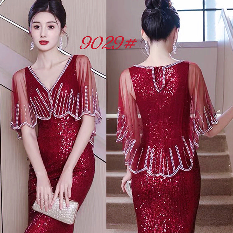 Silver V-neck Sequins Dress plus Size Shawl Fashion Minority Design Birthday Banquet Host Fishtail Dress