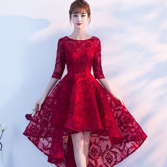 Toast Dress Bridal Elegant Lace Evening Dress Women's Banquet Wine Red Engagement Waist Front Short Back Long Dress