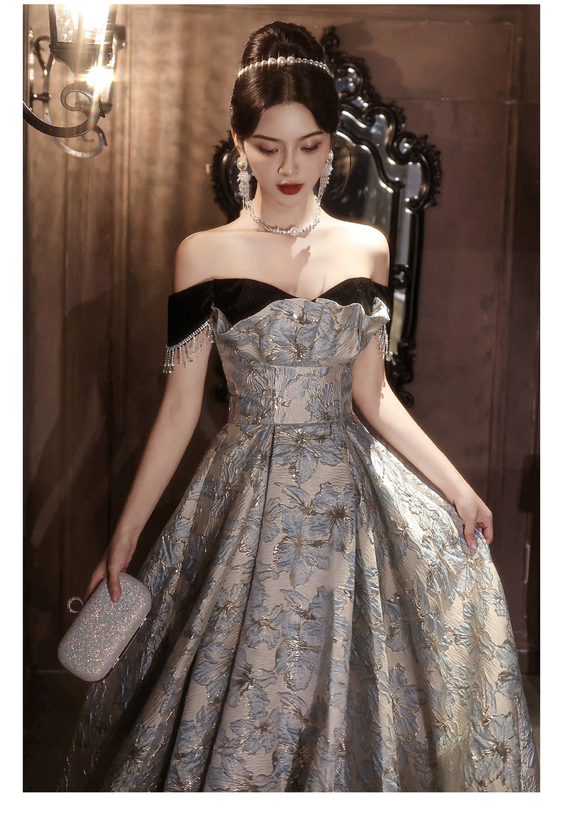 off-Shoulder Banquet Evening Dress Dress Female Gao Ding French Entry Lux Niche High-End Temperament Senior Sense Host Adult Ceremony