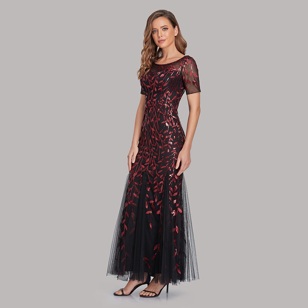 Spring and Summer Cross-Border 2024 Banquet Host European and American Slim Mesh Sequins Evening Dress Fishtail Dress Women