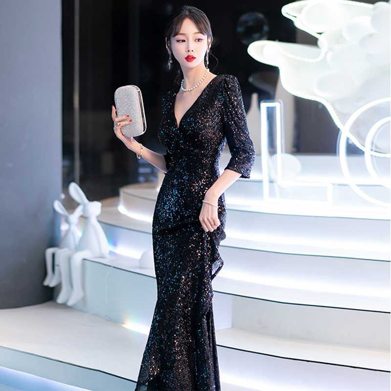 Black Evening Dress High-End Affordable Luxury Niche Female 2024 New Host Birthday Banquet Sequined Fishtail Dress Autumn