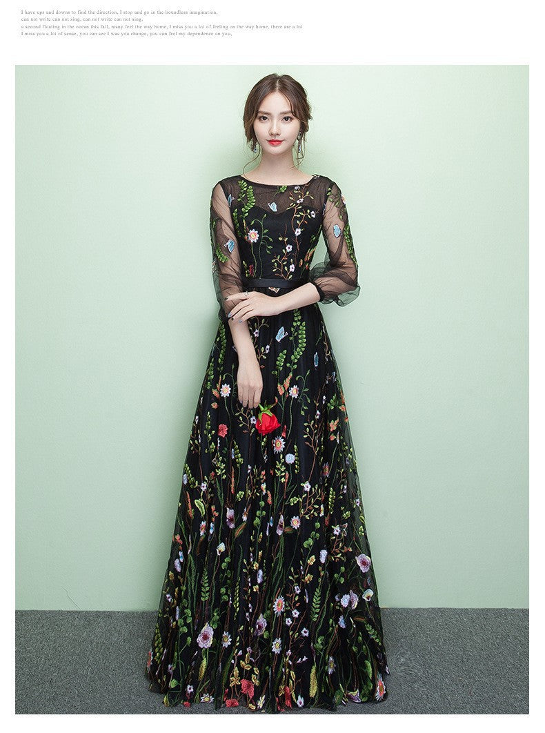 Evening Dress Long Sleeve Floral Dinner Prom dresses Lace Host Performance Costume Bridesmaid Dress Annual Party Gown H2238