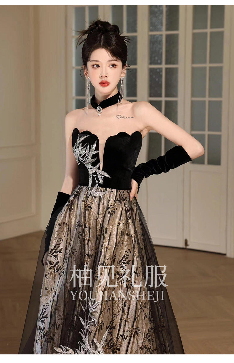 Tube Top Toast Dress Black New Chinese Style Morning Gowns Women's Bride Engagement Dress Banquet Temperament Host Evening Dress