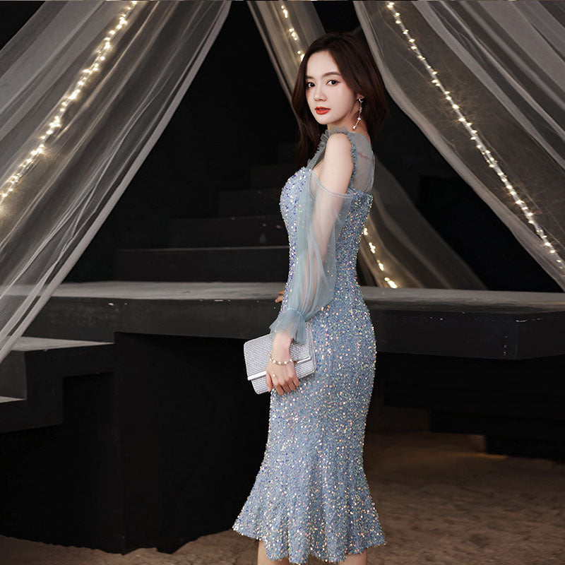 Fishtail Dress Evening Dress for Women Summer Long-Sleeve Elegant Daily Style Dress Host Temperament Banquet Dress