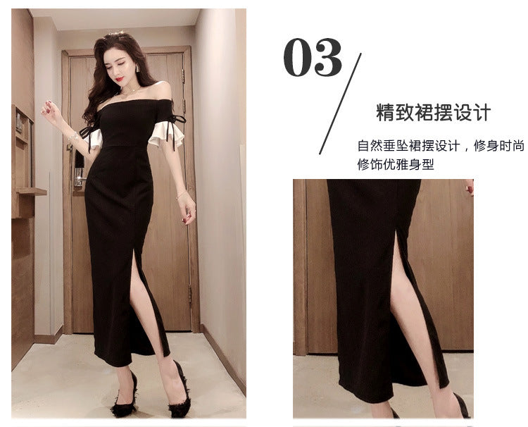 Women's off-Shoulder Black Banquet Evening Dress 2024 New Long Slim Fit Slimming Dress