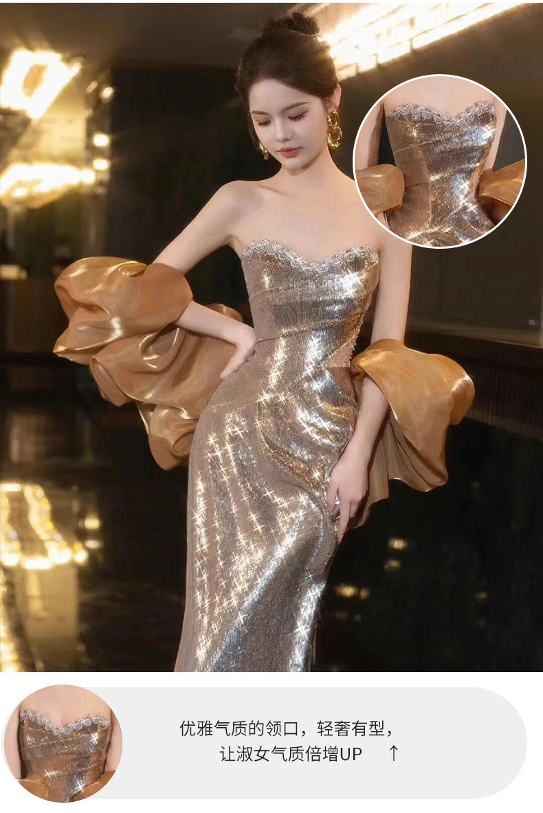 Golden Evening Dress 2024 High-Grade Wine Red Tube Top Bride Engagement Toast Dress Banquet Temperament Host