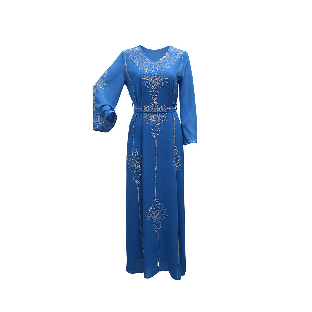 Xqy500176 Saudi Arabia Dubai Fashion Rhinestone Dress Summer Chiffon Robe Middle East Women's Dress